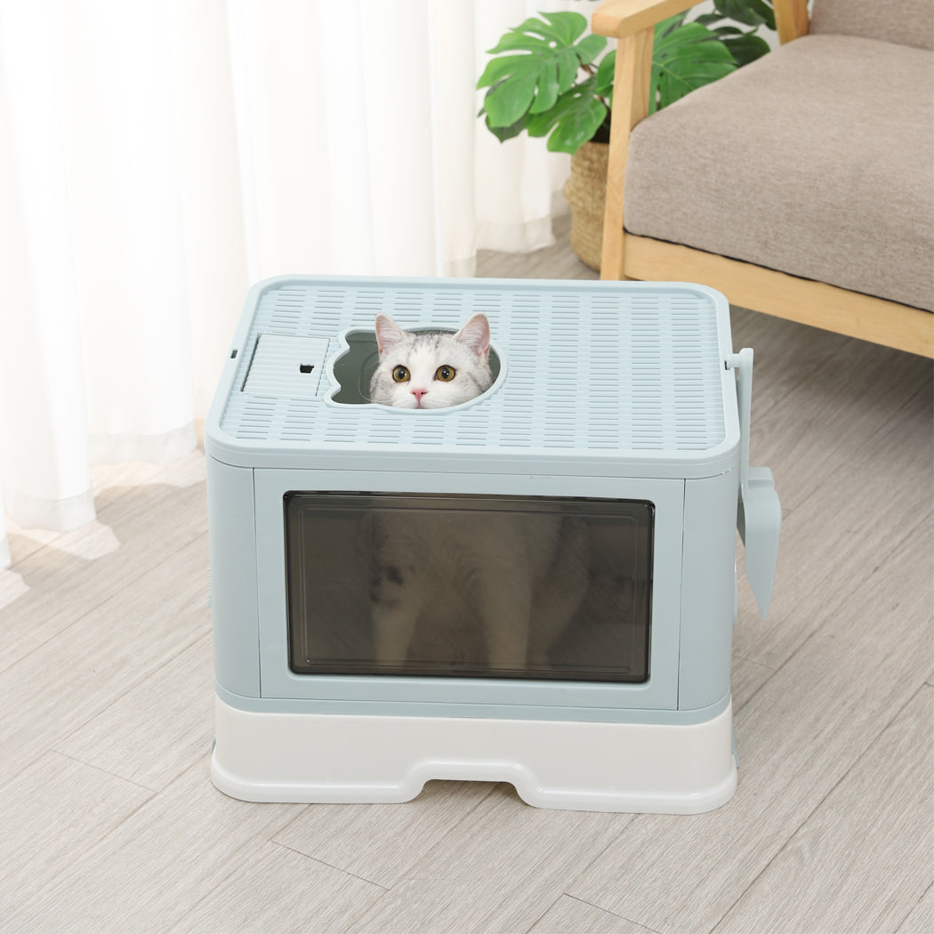 Pawz Foldable Cat Litter Box Tray Enclosed Blue Compact And Convenient For Cats