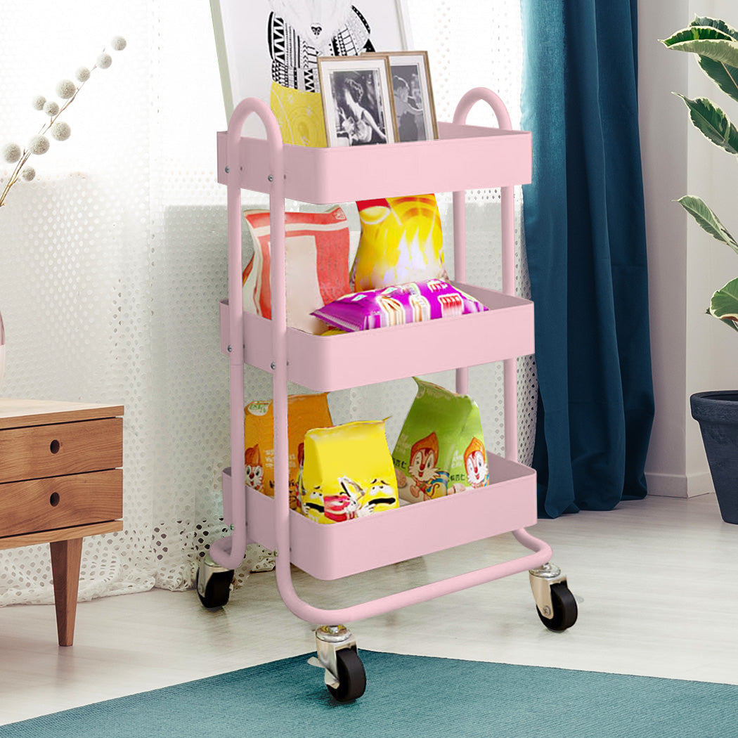 3 Tier Kitchen Trolley Cart Pink Rolling Storage Organizer For Home Office