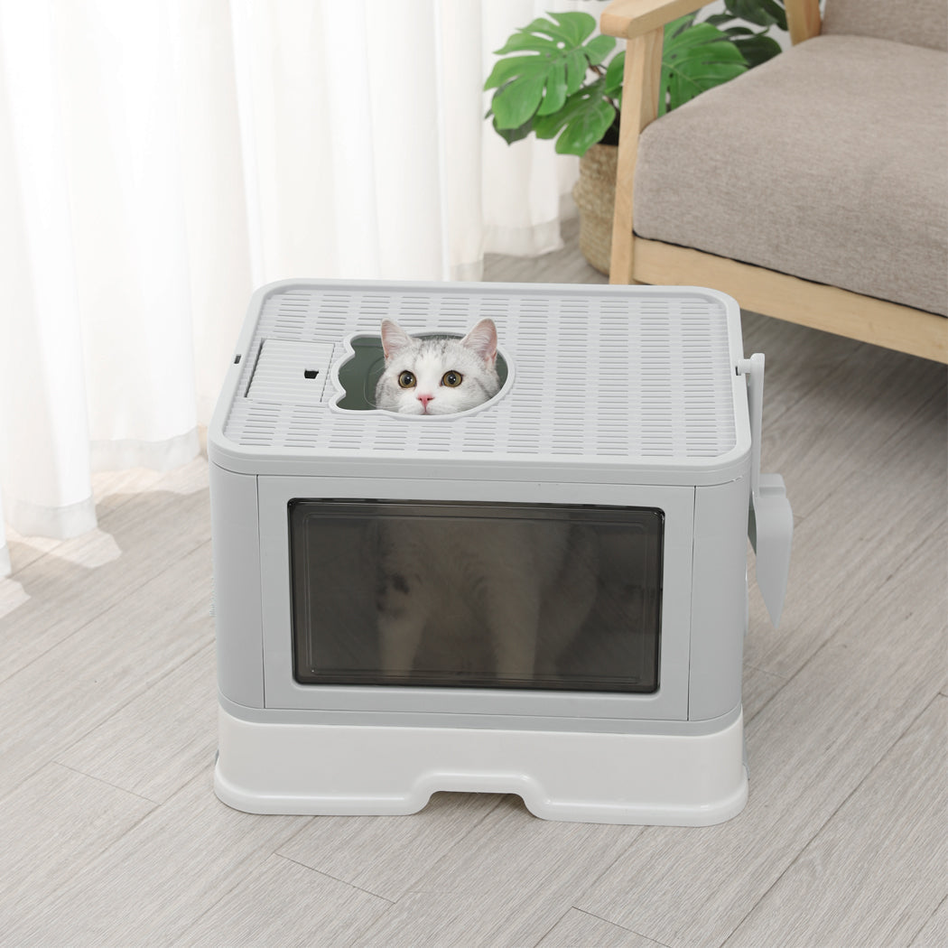 Pawz Foldable Cat Litter Box Tray Enclosed Grey Space Saving And Easy Clean Solution For Cats
