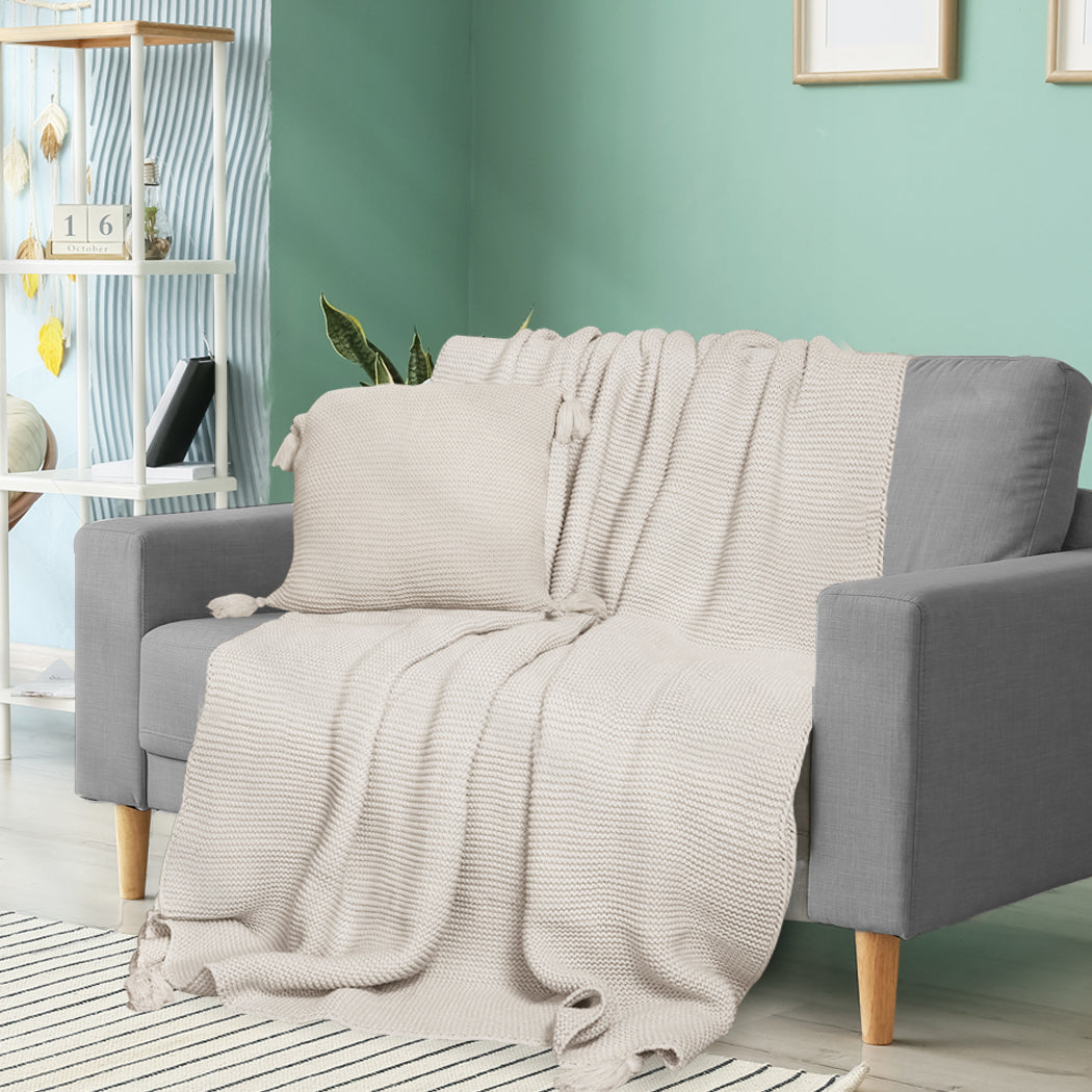 Dreamz Knitting Throw Blanket Cushion Beige