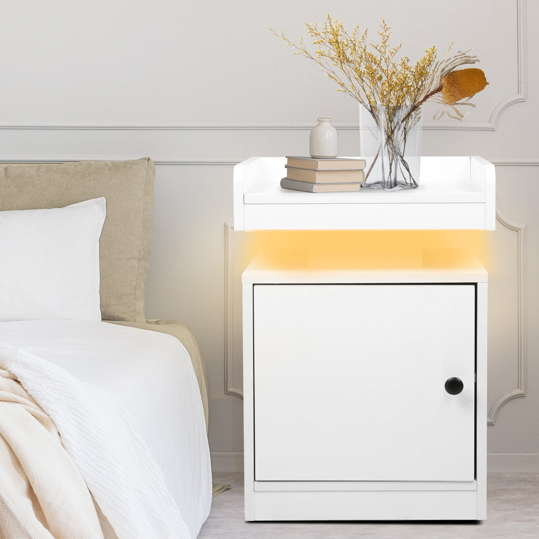 Bedside Table With Usb Charger Outlet And Rgb Lights White Modern Nightstand For Bedroom