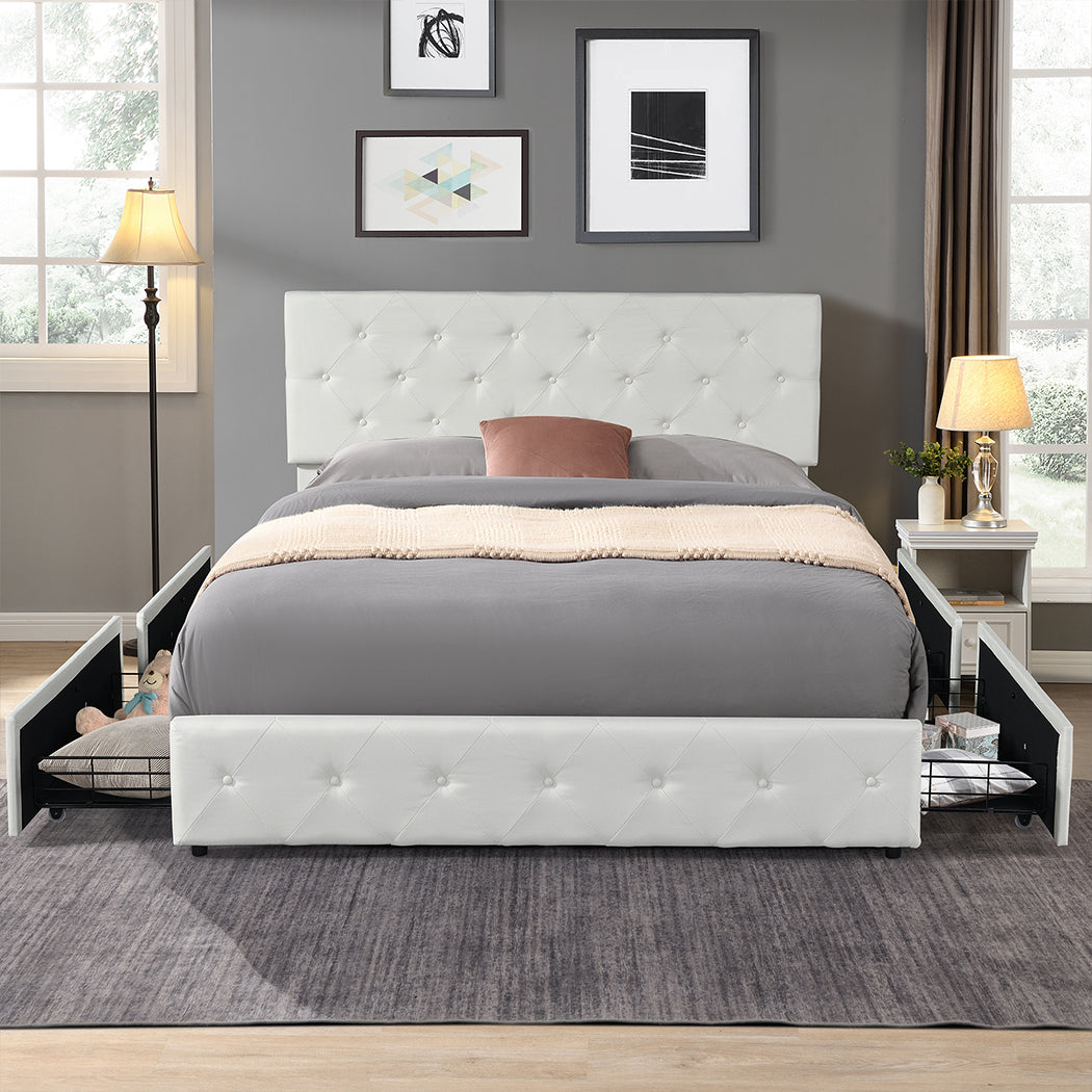 Queen Bed Frame Tufted With 4 Storage Drawers Cream