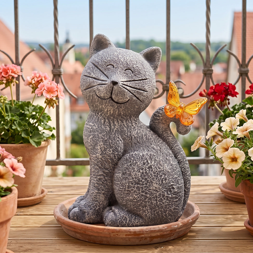 Emitto Solar Cat Butterfly Garden Statue With Led Light Resin Outdoor Decor