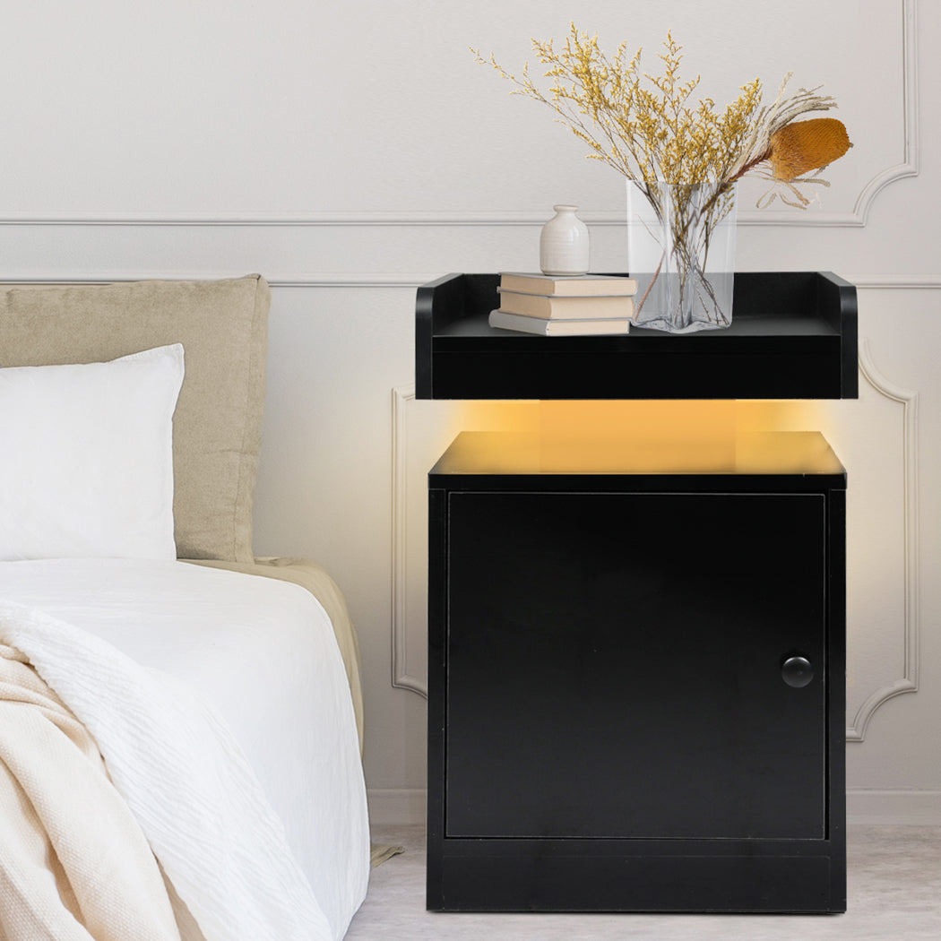 Bedside Table With Usb Charger Outlet And Rgb Lights Black Modern Nightstand For Bedroom