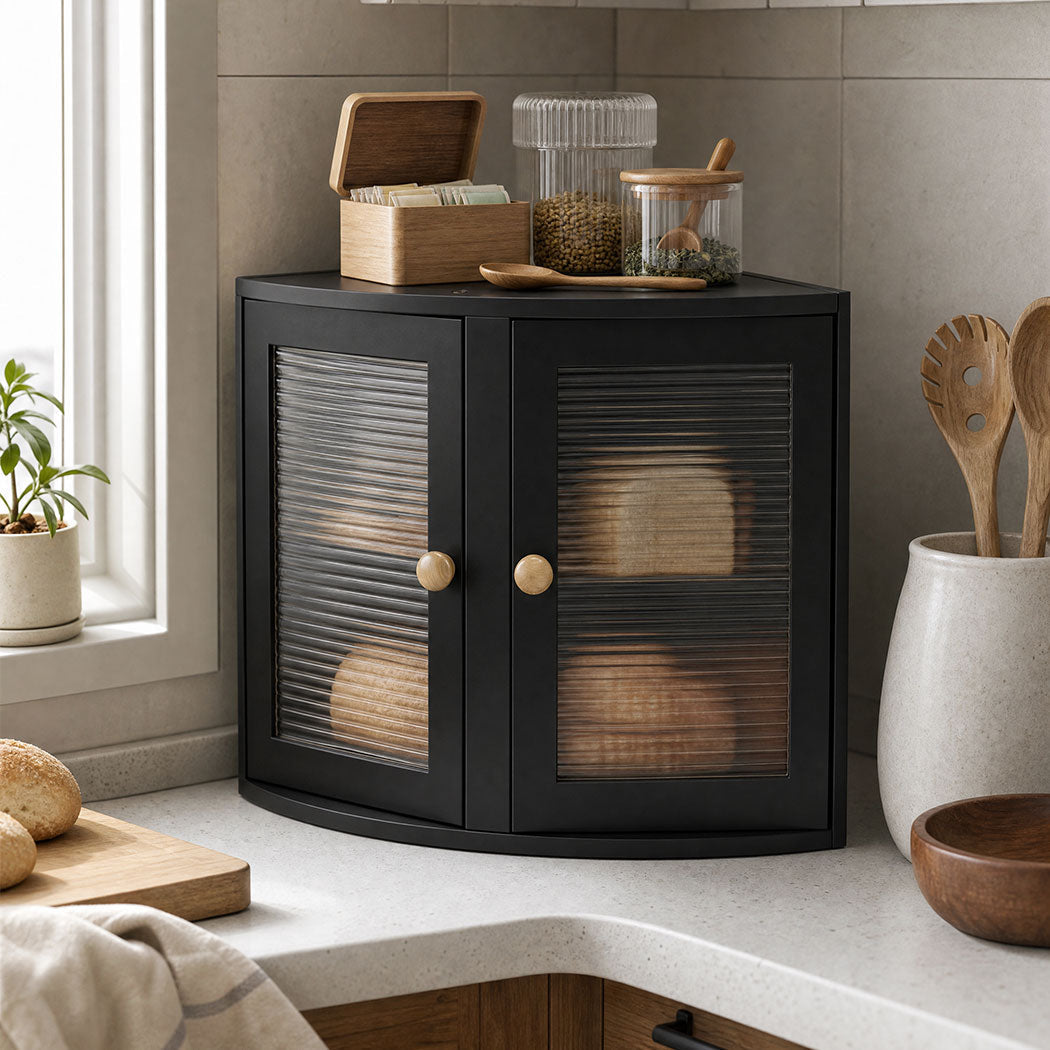 Toque 2 Tier Bamboo Corner Bread Box For Kitchen Countertop Storage Black