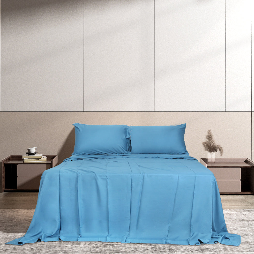 Dreamz 4Pcs Double Size 100% Bamboo Bed Sheet Set In Blue Colour Soft Cool Breathable