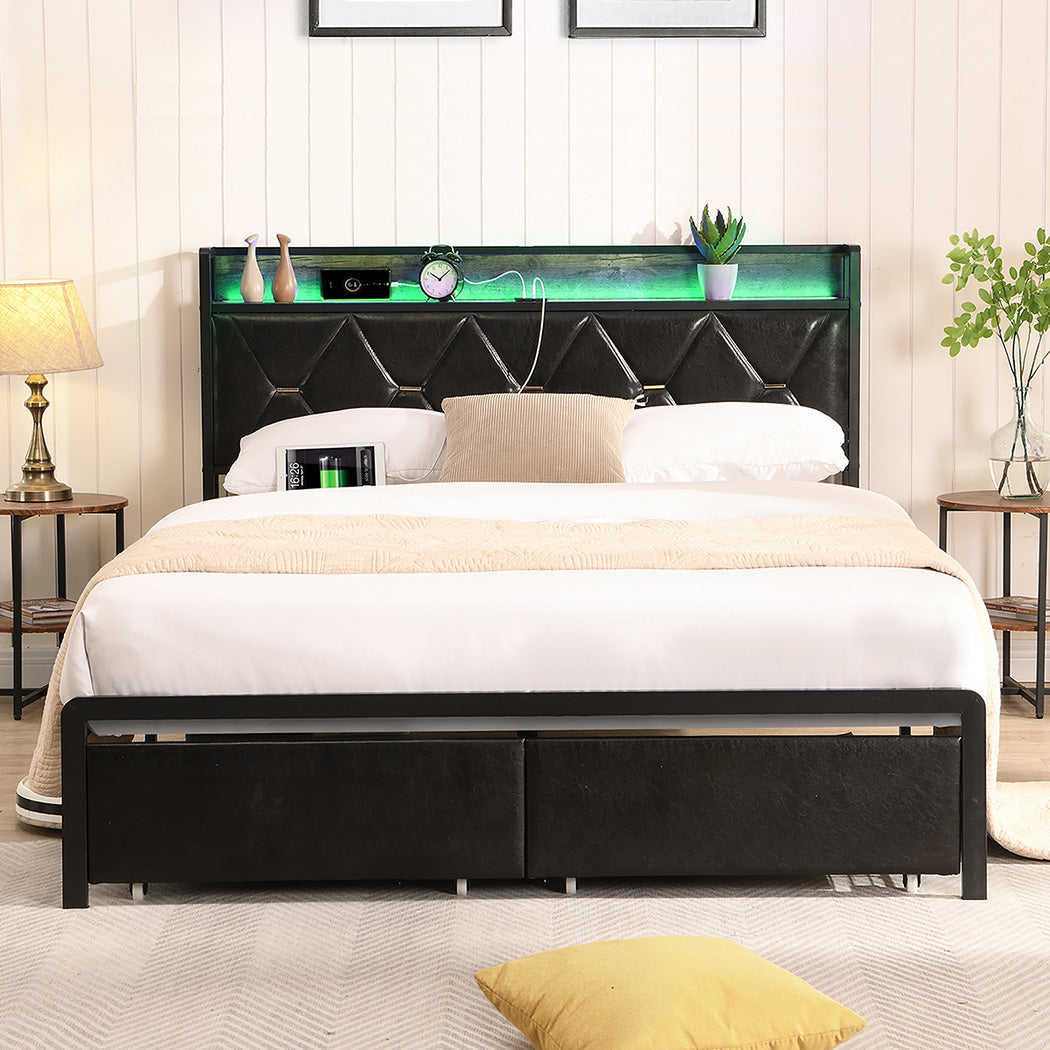 Queen Metal Bed Frame With Led Lights And 2 Drawers Black
