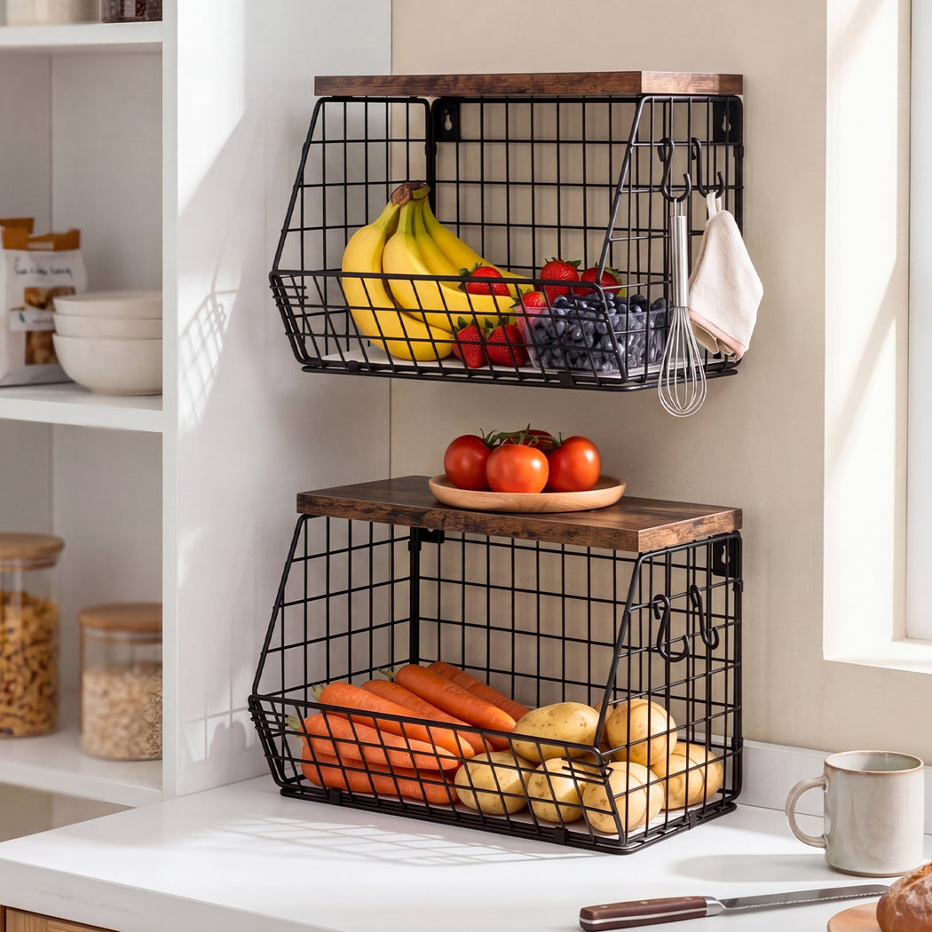 Toque 2Pcs Stackable Wall Mounted Kitchen Fruit Storage Basket With Wood Lid