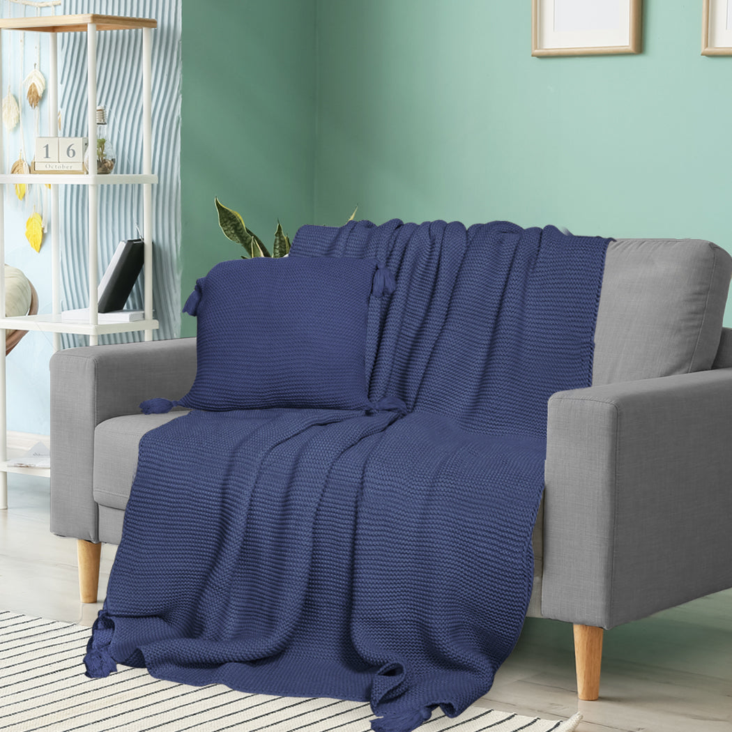 Dreamz Knitting Throw Blanket Cushion Navy