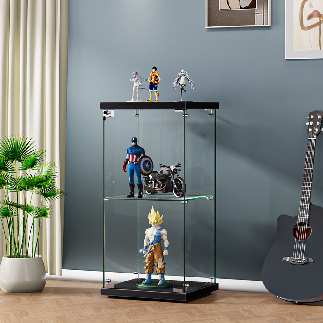 2-Tier Tempered Glass Display Cabinet With Lock Black Collection Storage
