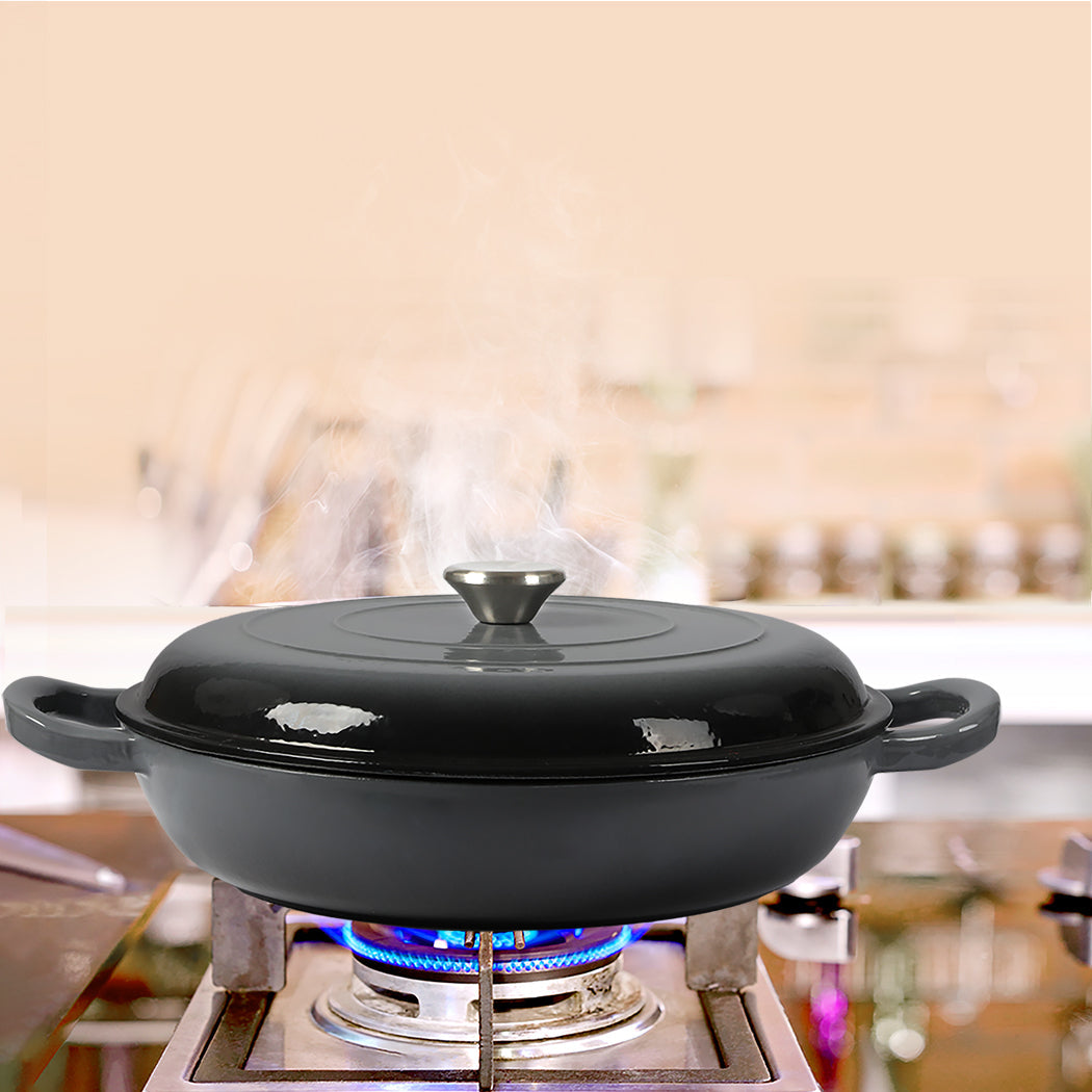 3.5L Enamel Dutch Oven Pan Black Cooking Pot Cast Iron With Lid Heat Resistant