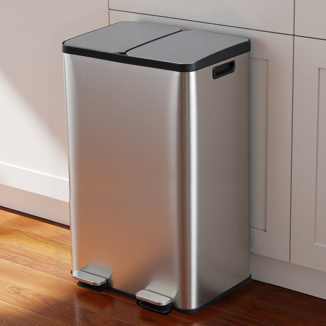 Toque 60L Dual Compartment Stainless Steel Pedal Bin Black & Silver