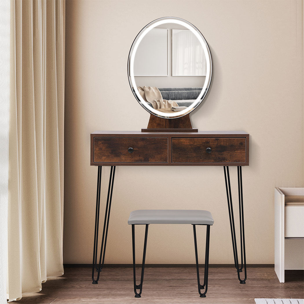 Dressing Table With Led Light Strip Brown Modern Vanity For Bedroom Or Makeup Space