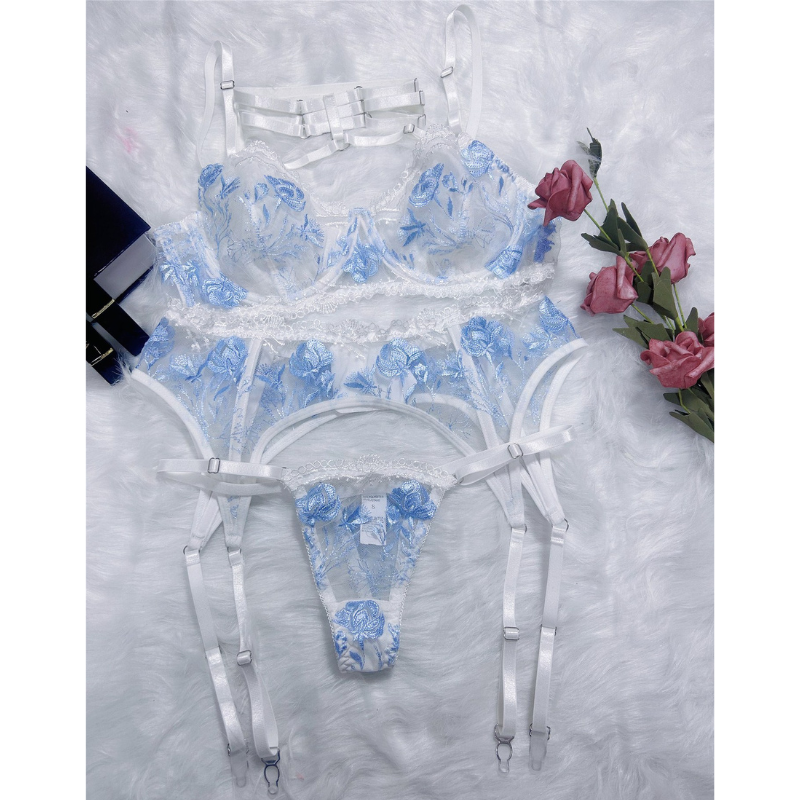 Sexy Delicate Sheer Floral 4 Piece Lingerie Set Women