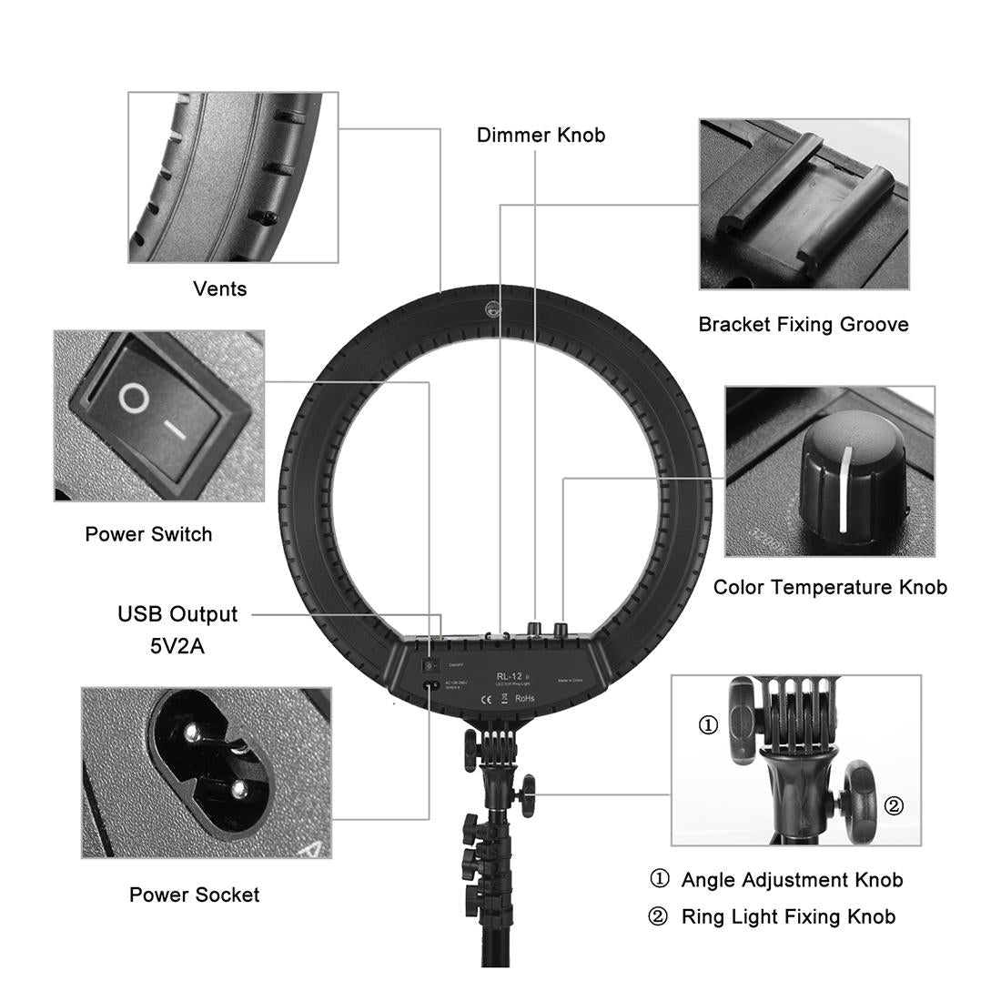 12 Inch Two Colour Dimmable Ring Fill Light With Tripod 28W 100 240V