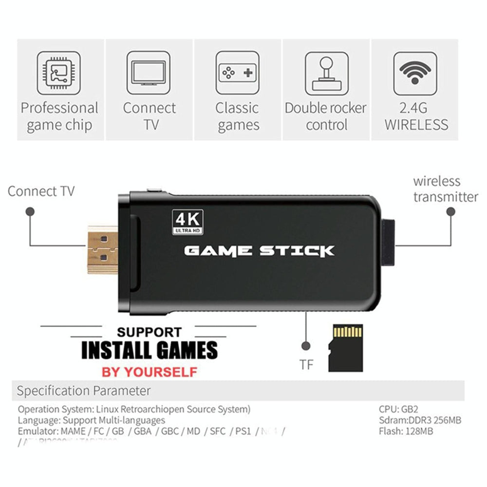 32Gb 4K Retro Game Stick + Wireless Gamepads & 3000 Games