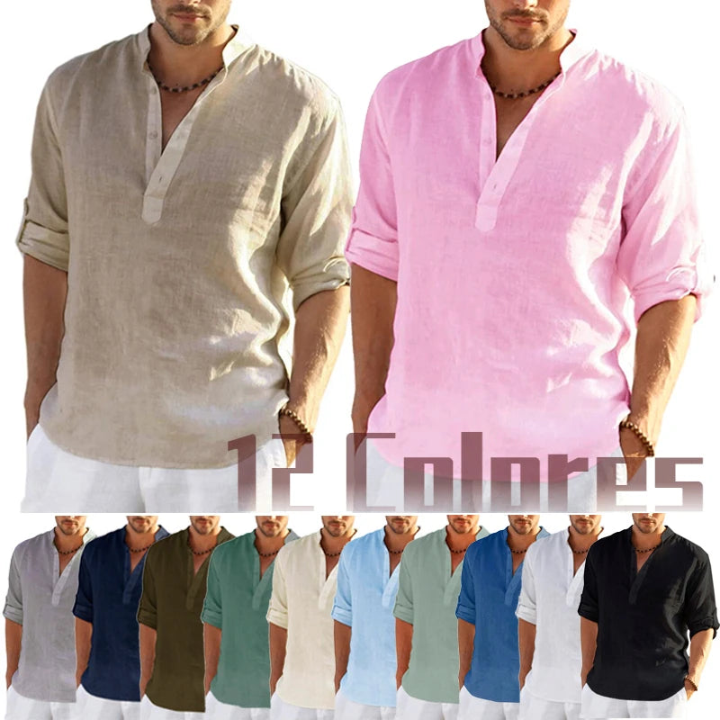 New Men's Linen Long Sleeve T Shirt Solid Color Loose Casual Cotton