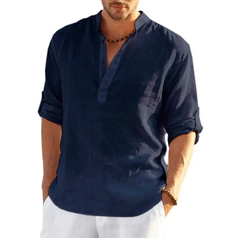 New Men's Linen Long Sleeve T Shirt Solid Color Loose Casual Cotton