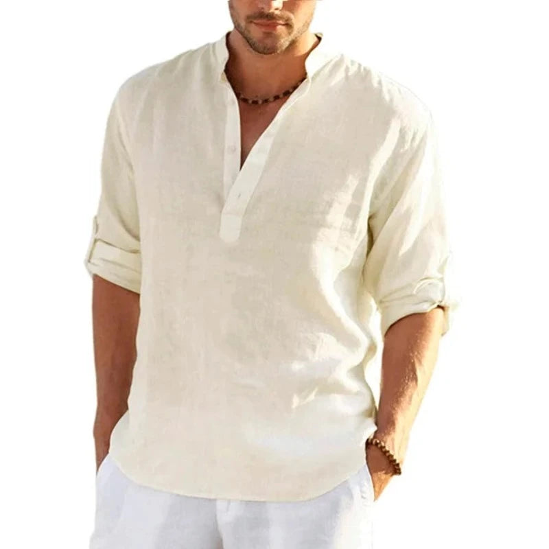 New Men's Linen Long Sleeve T Shirt Solid Color Loose Casual Cotton