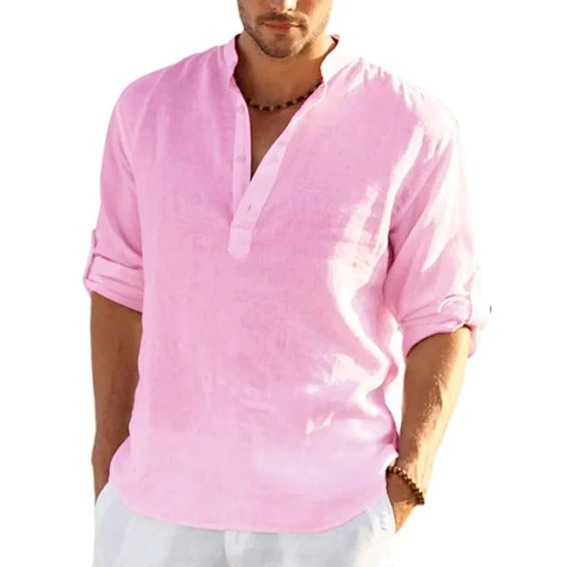 New Men's Linen Long Sleeve T Shirt Solid Color Loose Casual Cotton