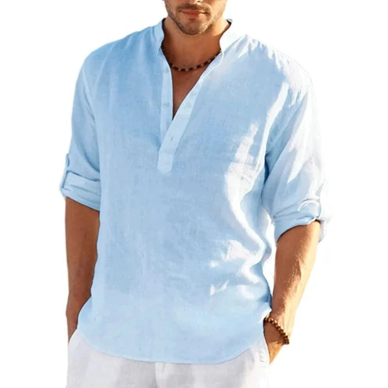 New Men's Linen Long Sleeve T Shirt Solid Color Loose Casual Cotton