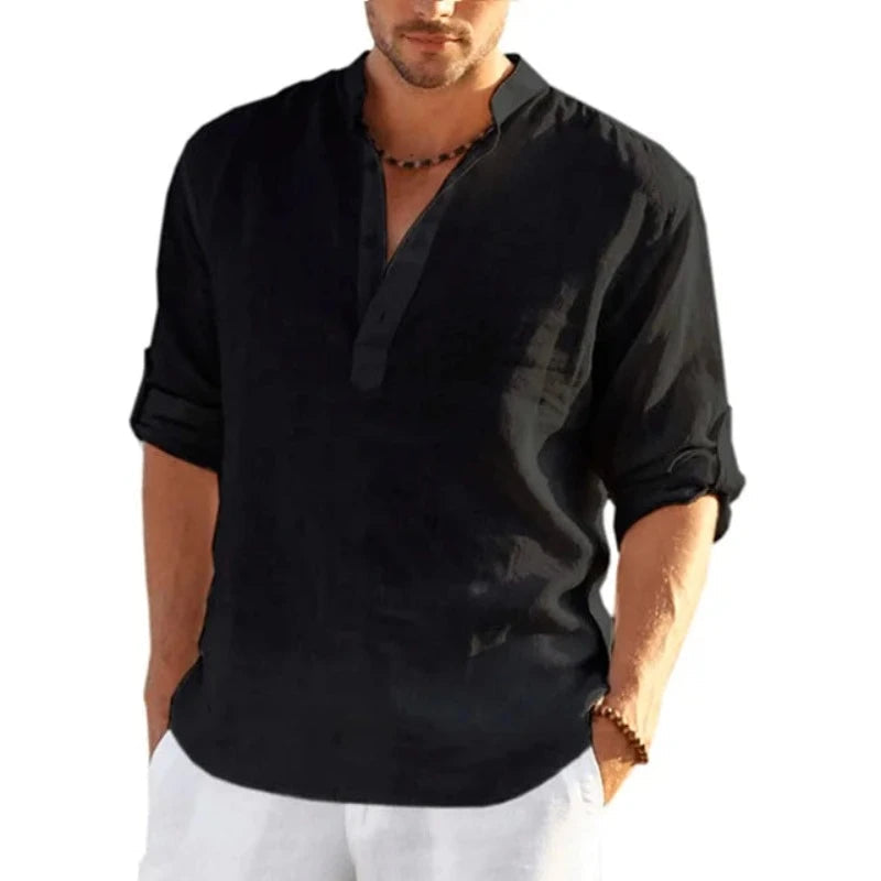 New Men's Linen Long Sleeve T Shirt Solid Color Loose Casual Cotton