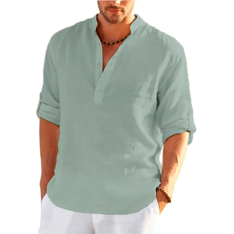 New Men's Linen Long Sleeve T Shirt Solid Color Loose Casual Cotton