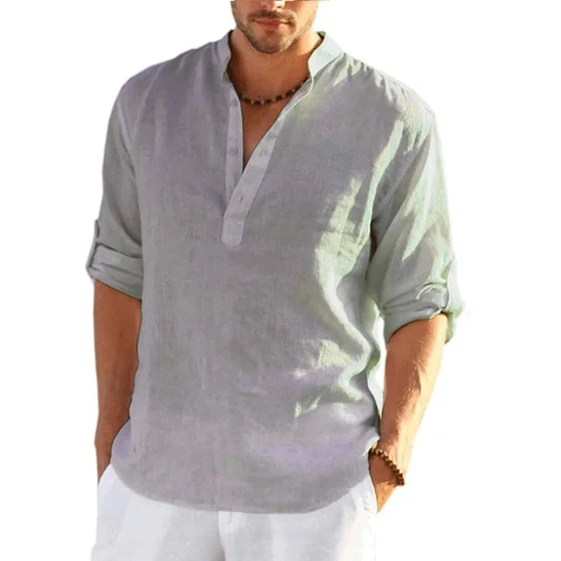 New Men's Linen Long Sleeve T Shirt Solid Color Loose Casual Cotton