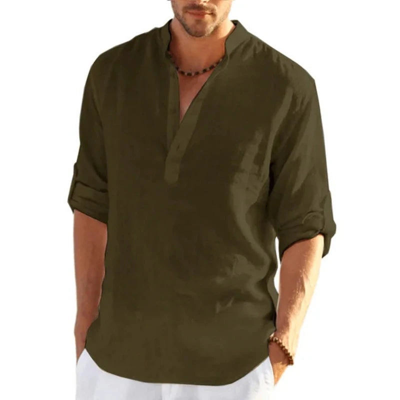 New Men's Linen Long Sleeve T Shirt Solid Color Loose Casual Cotton