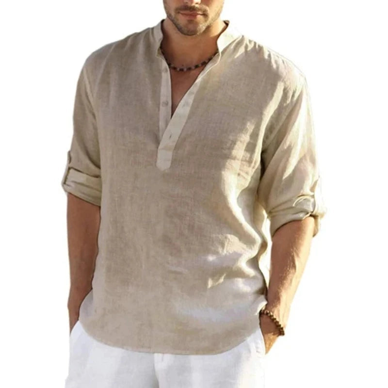 New Men's Linen Long Sleeve T Shirt Solid Color Loose Casual Cotton