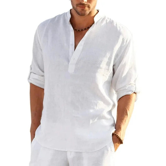 New Men's Linen Long Sleeve T Shirt Solid Color Loose Casual Cotton