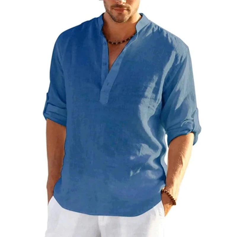 New Men's Linen Long Sleeve T Shirt Solid Color Loose Casual Cotton