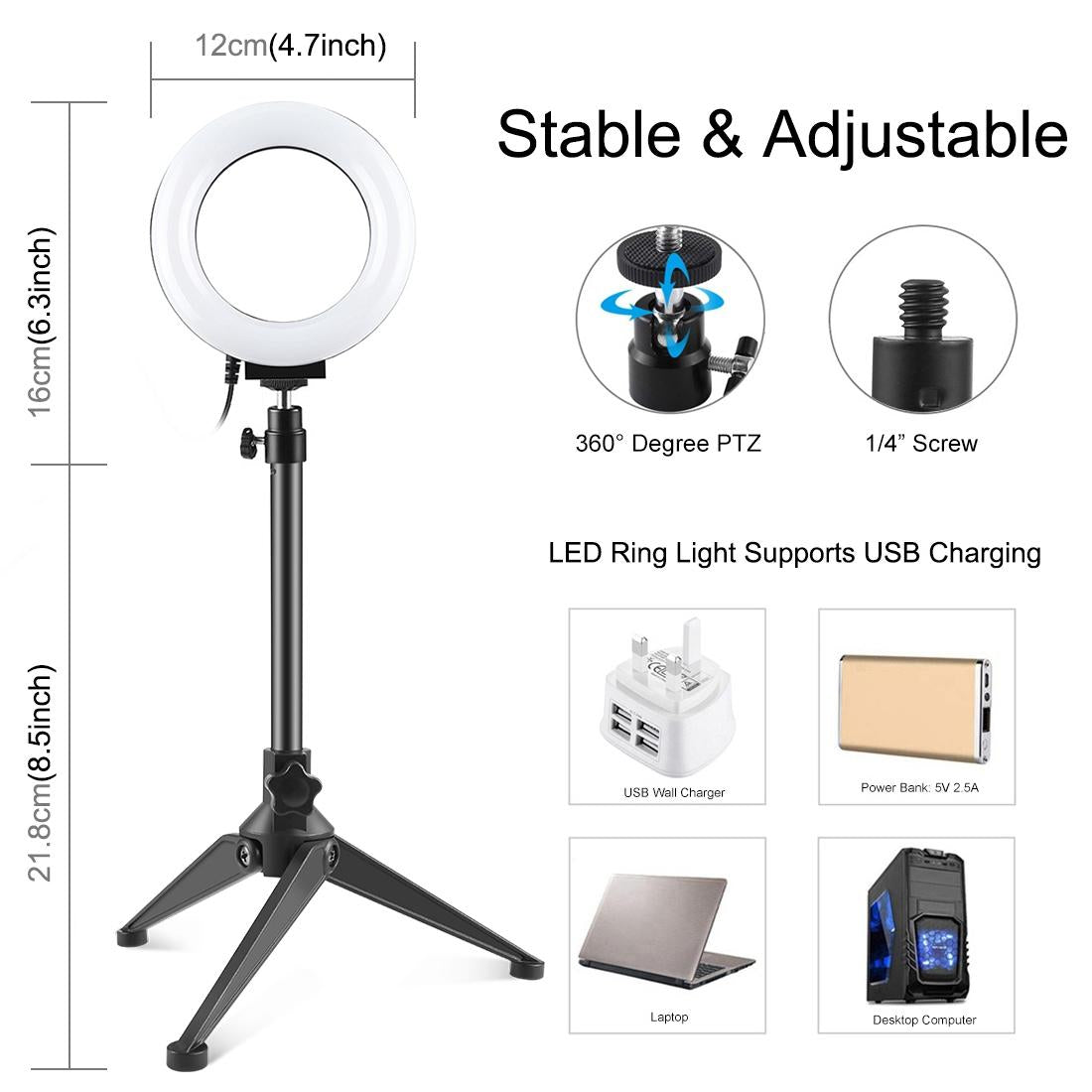 Usb Dimmable Led Ring Light With Tripod Holder And Cold Shoe Ball Head 4.7 Inch