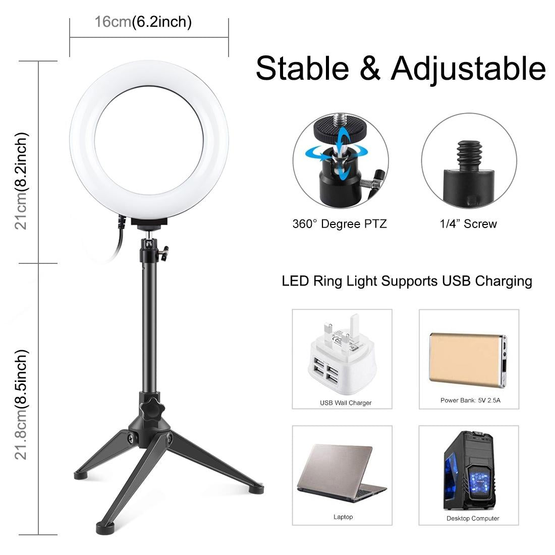 6.2 Inch Led Ring Light With Usb And Dimmable Modes For Desktop Tripod Use
