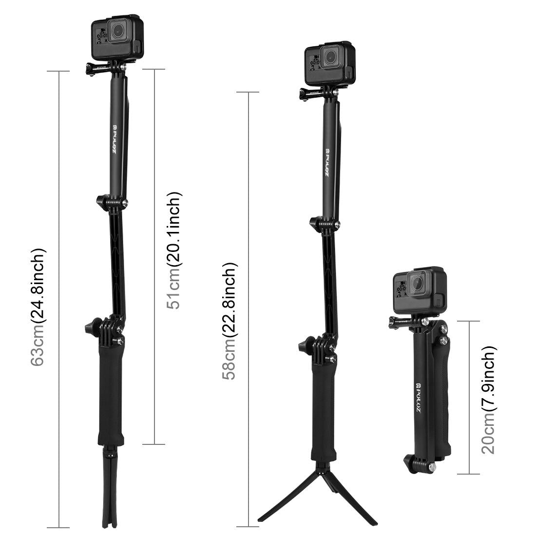Foldable 3 Way Tripod Selfie Stick For Action Cameras 20 58Cm Length
