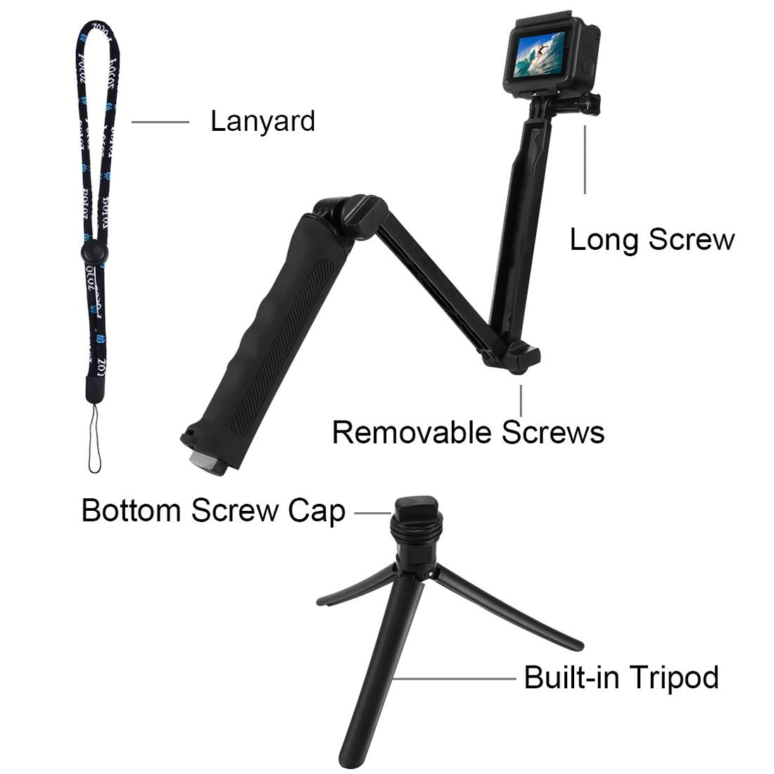 Foldable 3 Way Tripod Selfie Stick For Action Cameras 20 58Cm Length