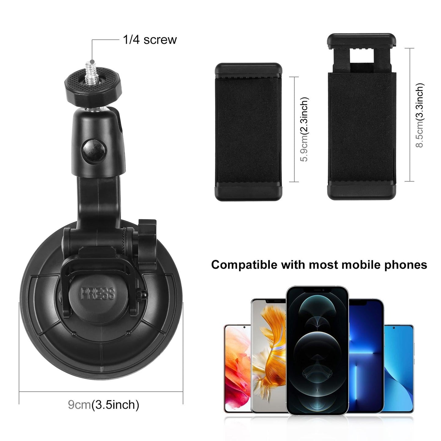 Universal Car Phone Mount With Suction Cup And Tripod Adapter For Action Cameras