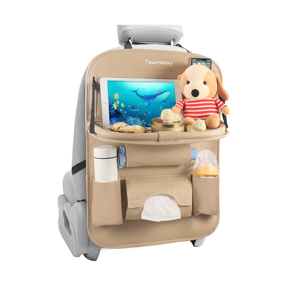 Pu Leather Foldable Car Seat Organizer With Table Tray And Pockets