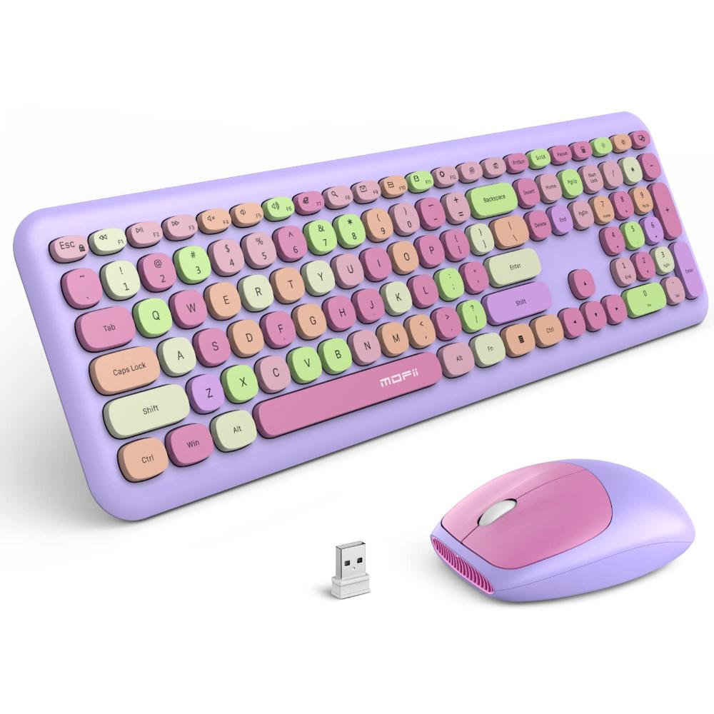 Bluetooth Keyboard Mouse Combo Set Purple Colour Retro Design Portable Wireless