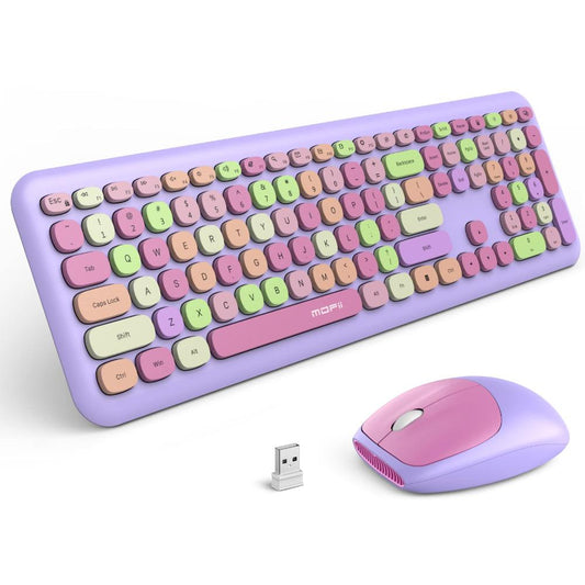 Bluetooth Keyboard Mouse Combo Set Purple Colour Retro Design Portable Wireless
