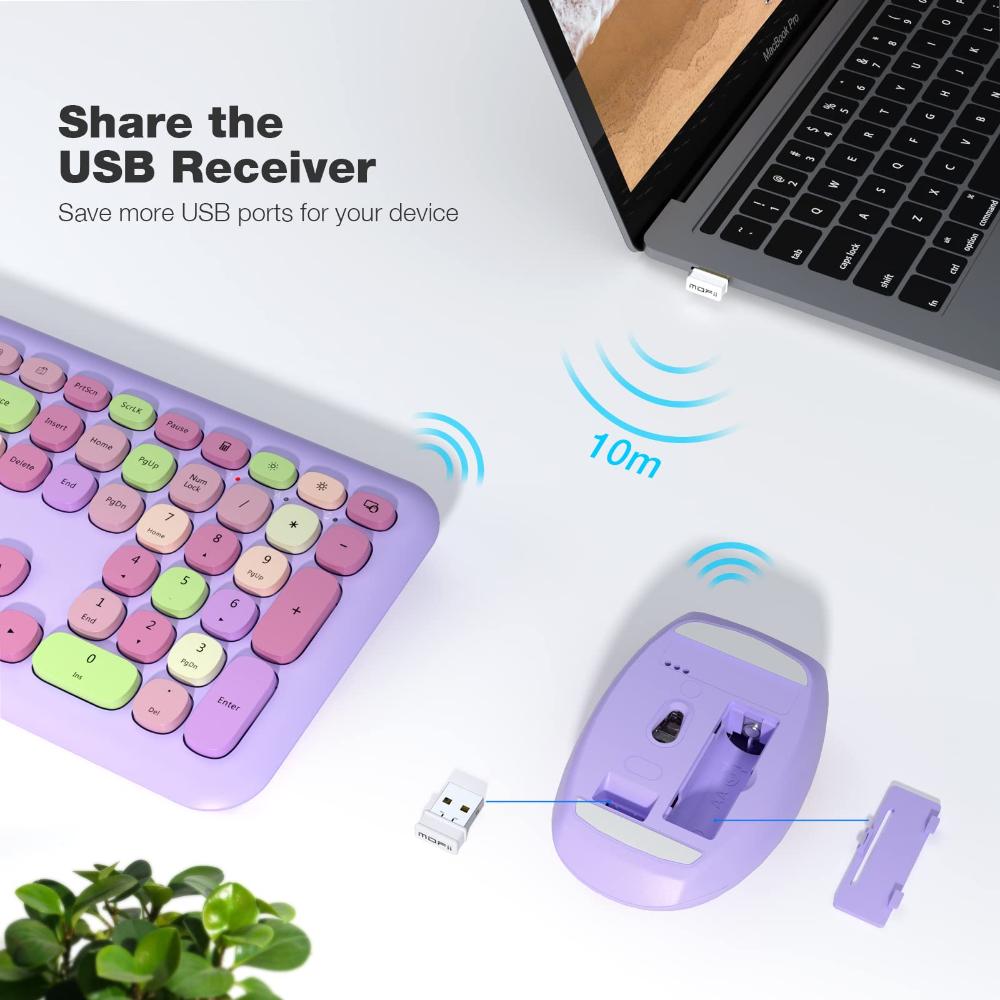Bluetooth Keyboard Mouse Combo Set Purple Colour Retro Design Portable Wireless