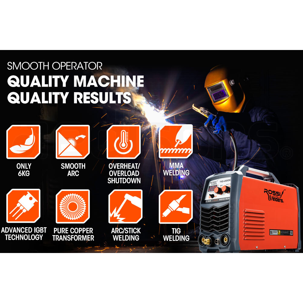 Rossi 220 Amp Tig Welder Portable Gtaw Stick Gas Tungsten Arc Mma Inverter Welding Machine 15A Plug