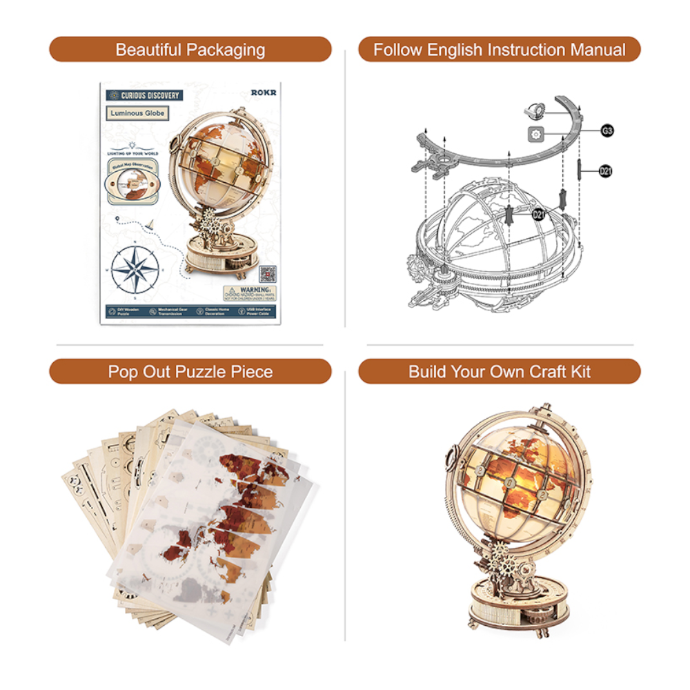 Okr Luminous Globe 3D Wooden Puzzle Model Building Kit For Children