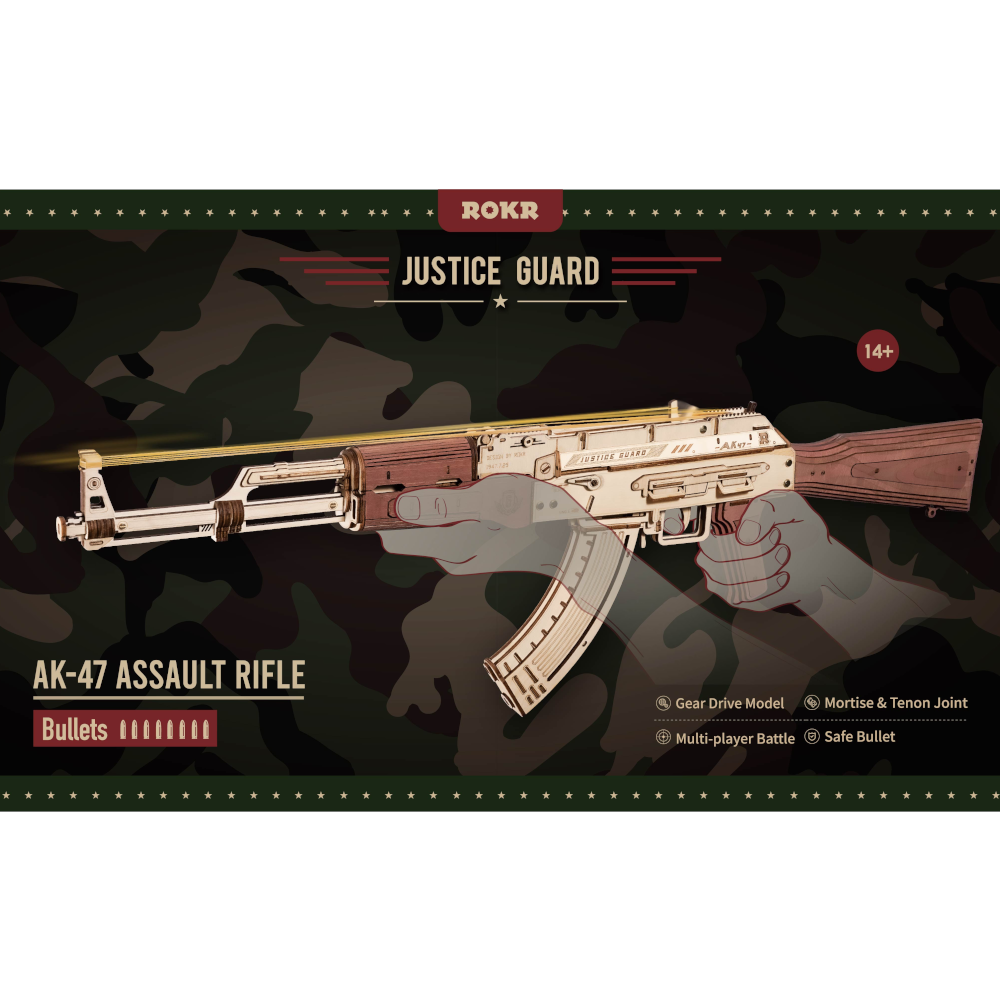 Rokr Automatic Rifle Ak 47 Wooden Assembly Gun Double Firing Modes Diy Toy For Adults Kids