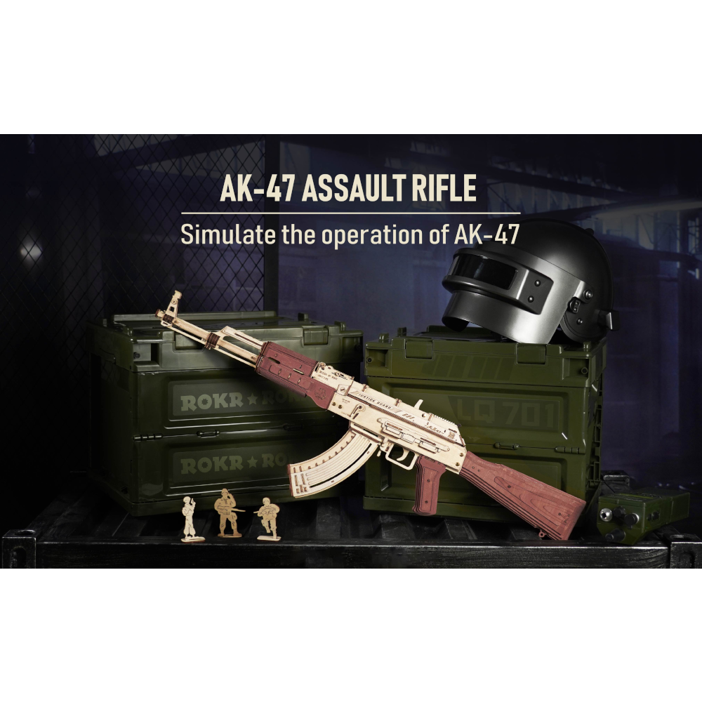 Rokr Automatic Rifle Ak 47 Wooden Assembly Gun Double Firing Modes Diy Toy For Adults Kids