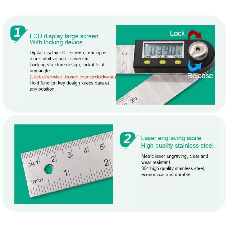 2 In 1 Digital Angle Finder Protractor Goniometer Ruler With Stainless Steel Design