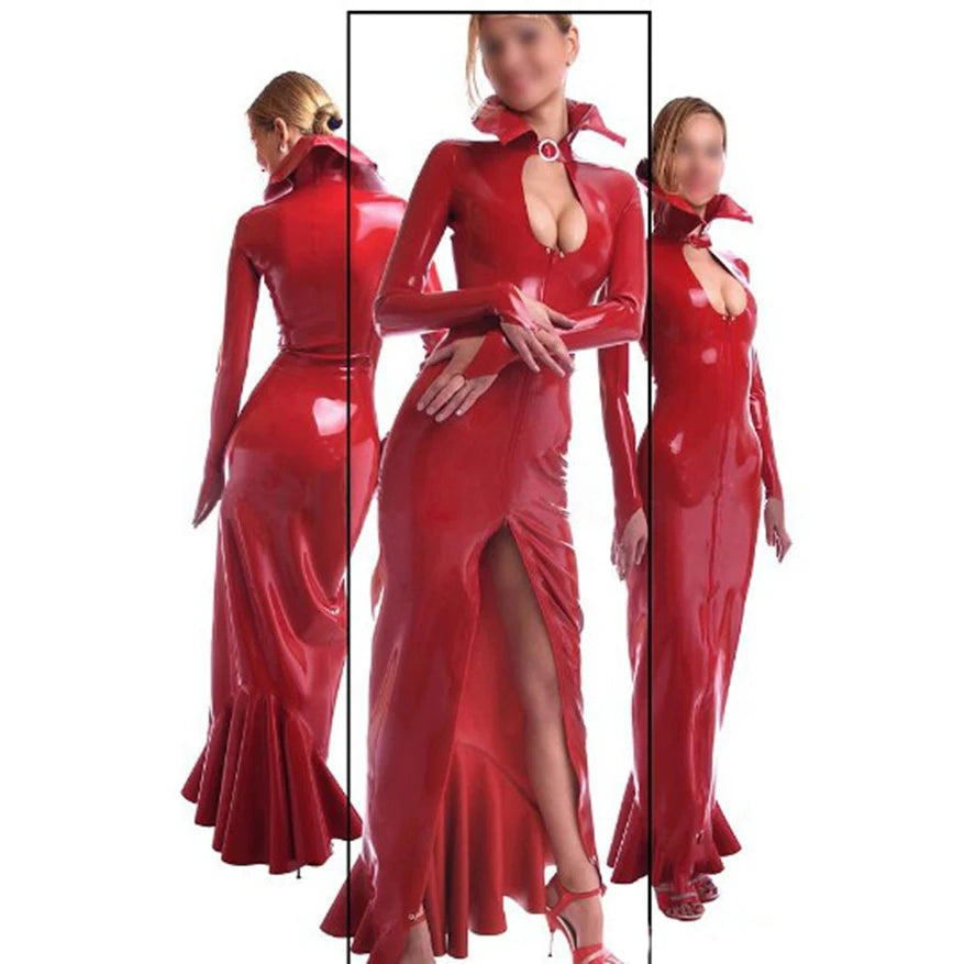 Red Latex Evening Gown Handmade Clothing Front Zip Fish Tailed For Men Women