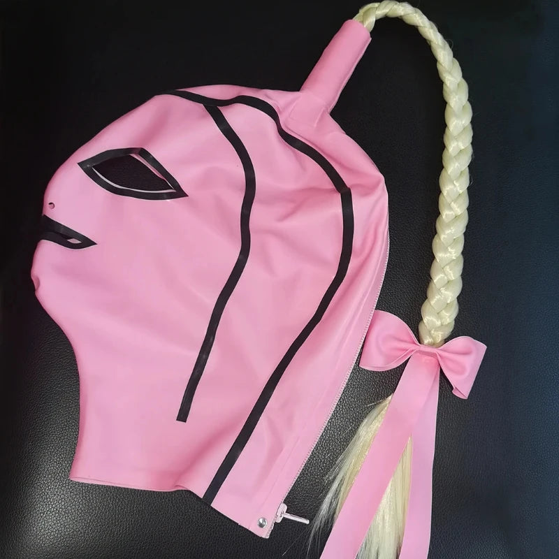 1 Sets of House Of Dasein 1 Sets Women Men Latex Mask With Twist Braid Wig Back Zip Rubber Fetish Hood Lm264