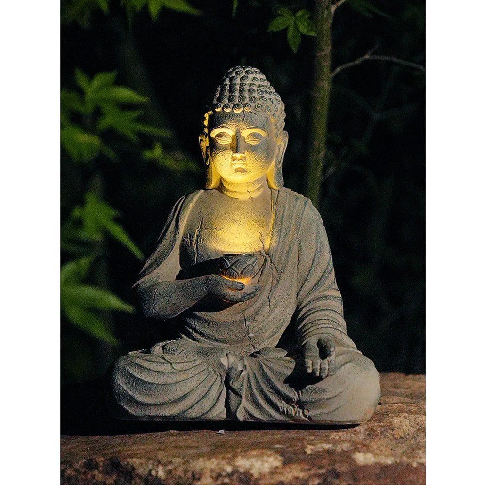 Resin Solar Buddha Statue Sculpture Garden Decor Light Zen Asian Japanese Decoration Outdoor