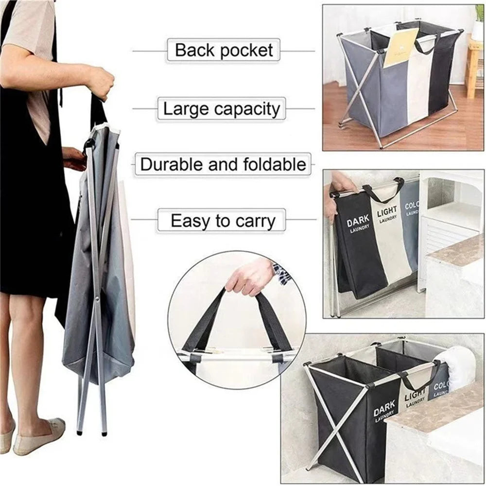 3 Grids Laundry Basket Foldable Dirty Clothes Organizer Bathroom Waterproof Storage Large Hamper Three New